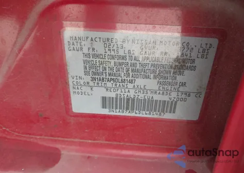 2013 Nissan Sentra Sv z USA, uszkodzony, nr VIN 3N1AB7AP6DL681487